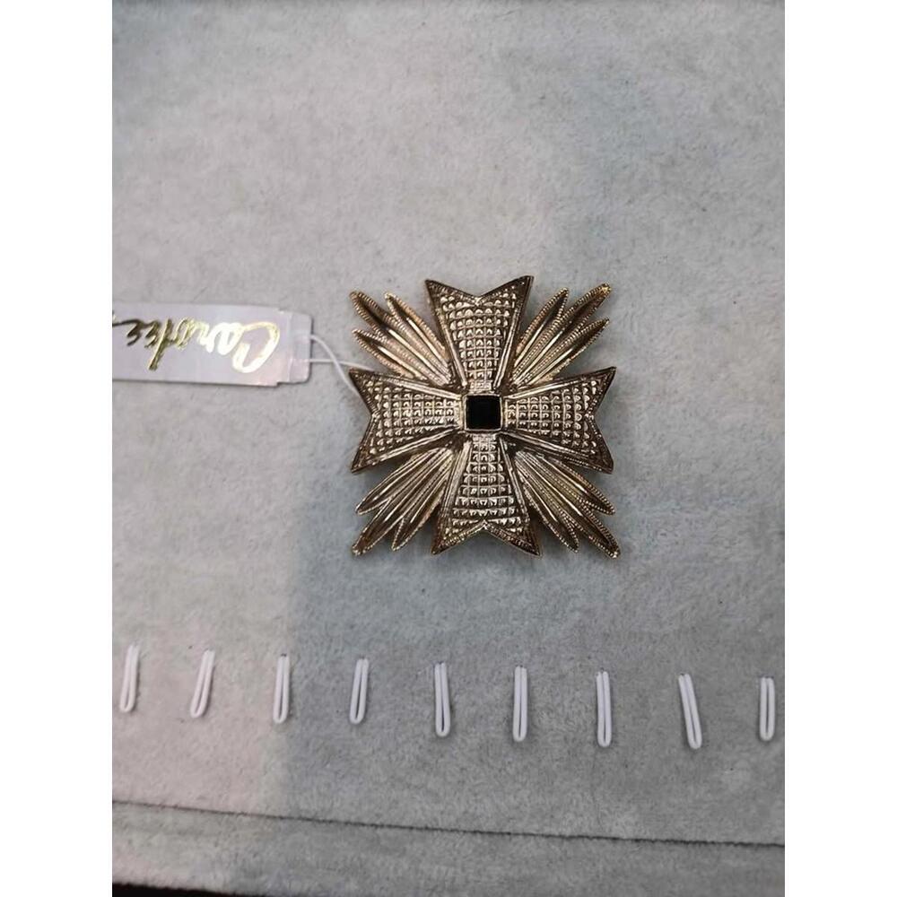 Vintage Carolee Brooch Gold Tone Maltese Cross Black Cabochon Statement Pin